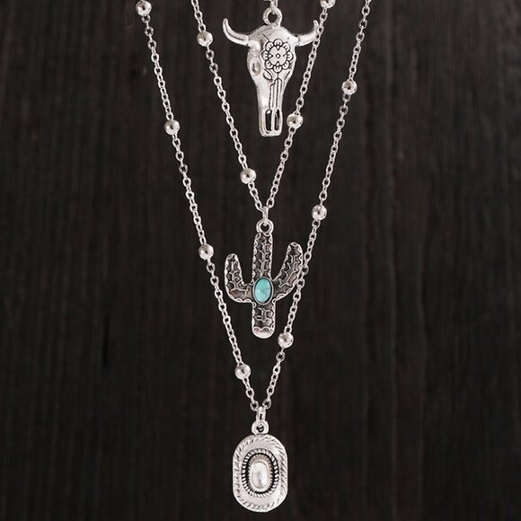 B253 Silvery Western Steer Cactus Pendant Adjustable Multi Layer Necklace - Picture 6 of 6